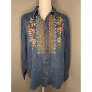 Scandia Woods southwestern floral Aztec embroidered denim shirt M